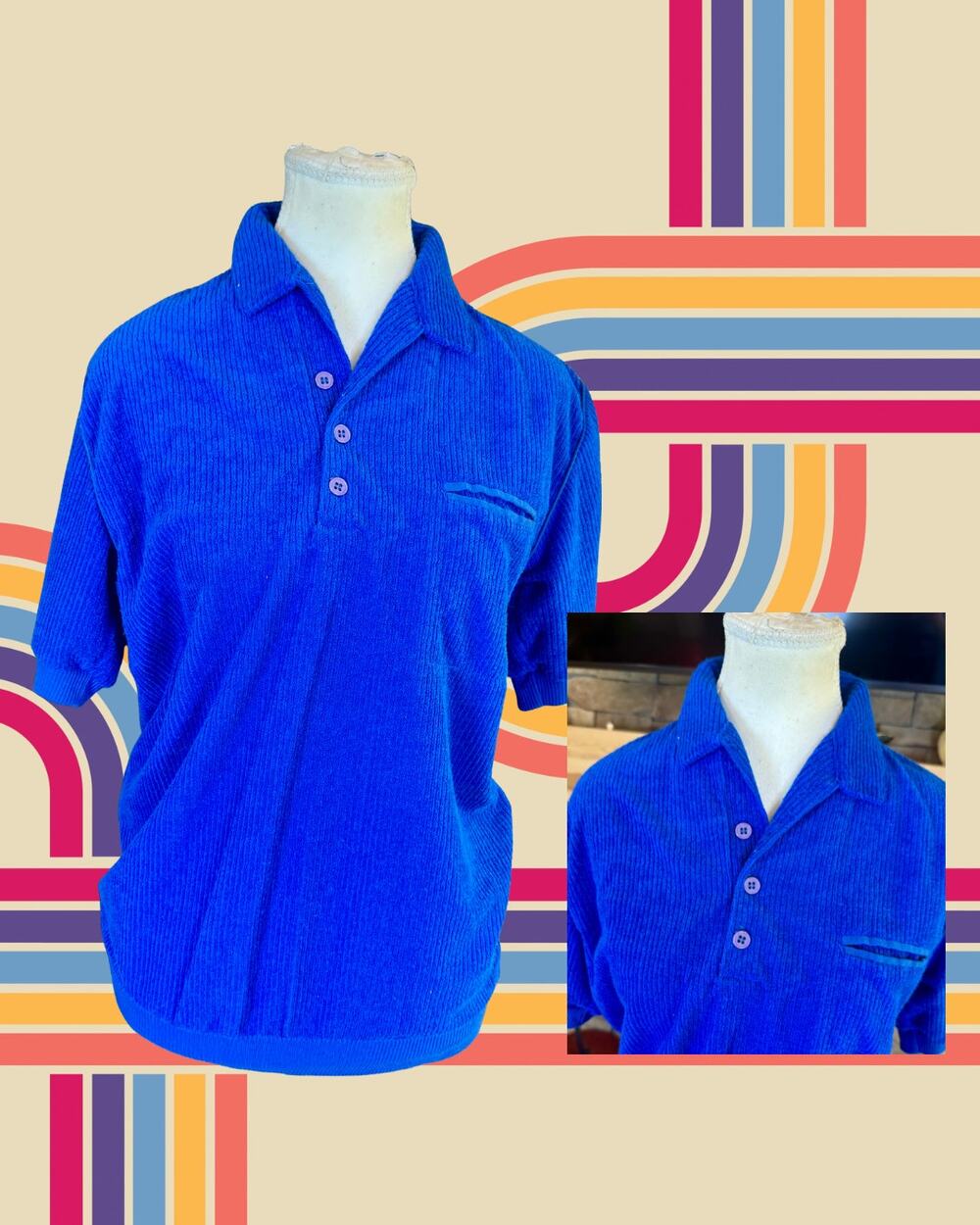 Vintage 80s 90s Justin Blake Textured Polo Shirt Royal Blue Banded Waist Medium